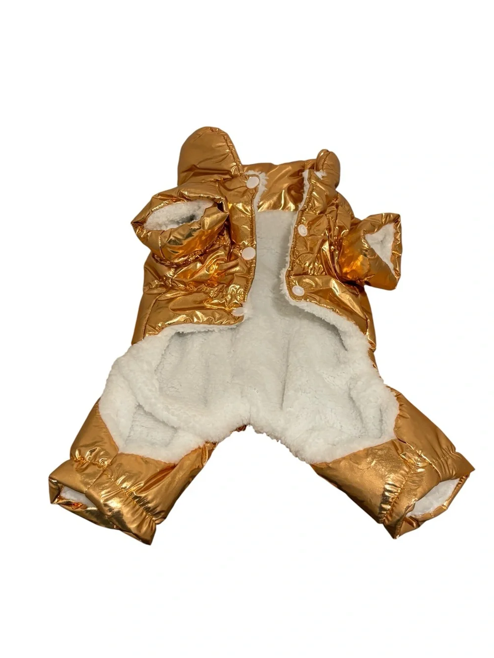 Metallic Gold Puffer Dog Coat with Full-Body Coverage. Size M
